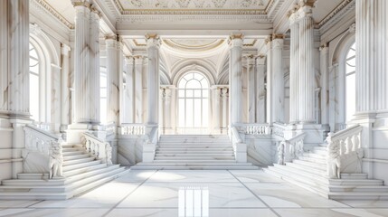 Fototapeta premium Grand marble hall with elegant columns and stairs, bathed in natural light from large arched windows, perfect for elegant architectural themes.