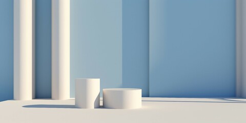 水色背景と床と白い柱と二つの円柱展示台がある抽象横長テンプレート