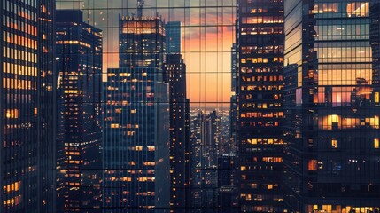 Stunning cityscape of modern skyscrapers at sunset with reflections on glass windows, creating a vibrant urban atmosphere.