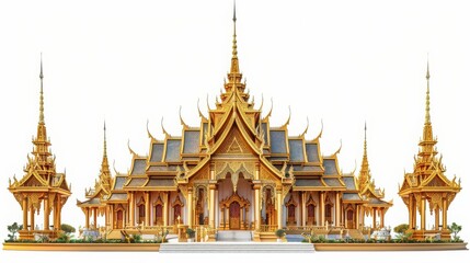 Fototapeta premium Stunning image of a traditional Thai temple, showcasing intricate architectural details and golden decorations against a white background.