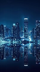 Stunning nighttime cityscape with skyscrapers reflecting in calm waters, showcasing the vibrant lights and urban architecture.