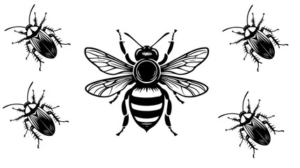 vector isolated set of insect silhouettes,Hand drawn vector illustration. Vector drawing of tree honeybee