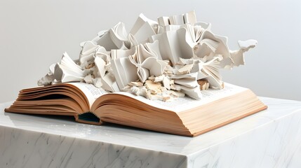 Plaster Cast Sculpture Integrated with Crumpled Books Illustrating Healing and