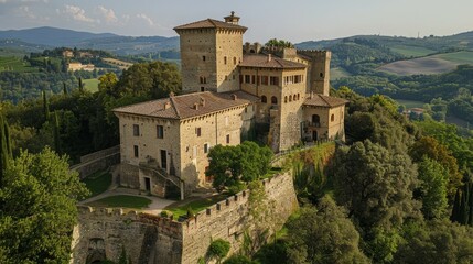 Fototapeta premium Aerial view of an ancient castle situated on a hill surrounded by lush greenery and rolling hills under a clear sky.