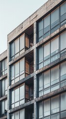 Obraz premium Close-up of a modern urban building facade featuring large windows and concrete construction, showcasing contemporary architectural design.