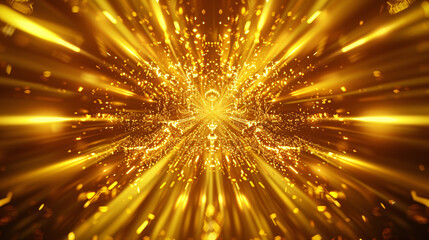Luxurious golden glowing background with symmetrical crystal shapes and light rays
