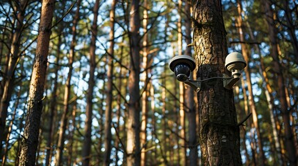 Fototapeta premium Consider cameras put on pine trees in tall forests to track the location of wildlife