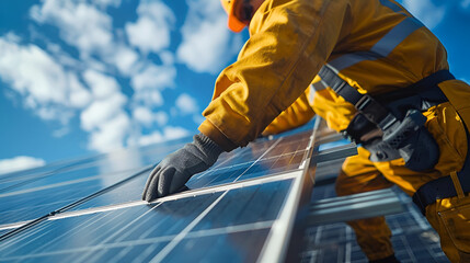 Close up of man technician in work gloves installing. Generative AI