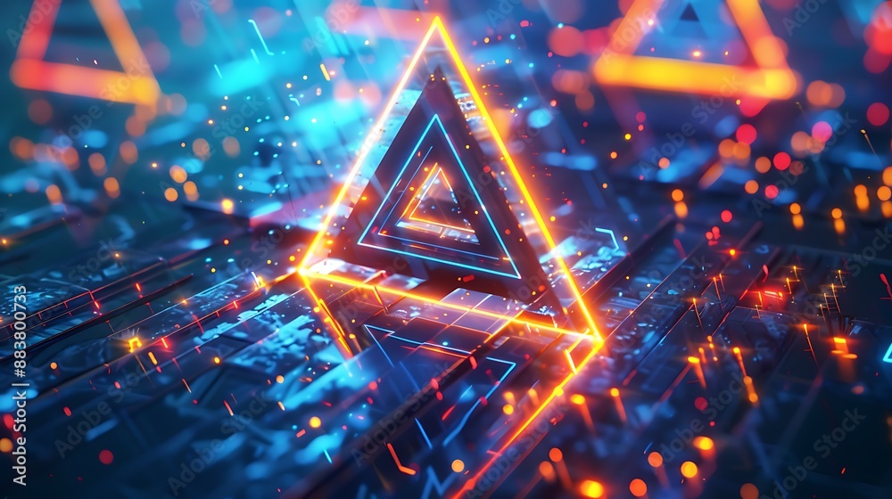 Poster ai generated abstract neon triangles with sparkling glowing particle splashes for modern futuristic 