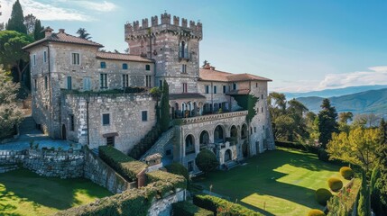 Naklejka premium Historic medieval castle with stone walls and lush green gardens set against a mountainous landscape under a clear blue sky.
