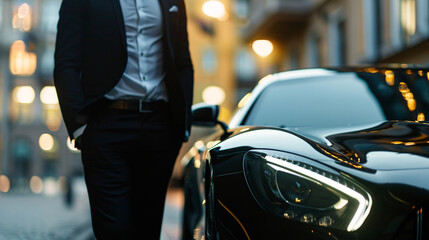 Luxury black car with driver in suit, high-res photography