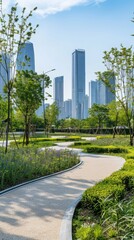 Modern cityscape with tall skyscrapers, lush green trees, and a winding pathway under a clear blue sky, ideal for urban planning themes.