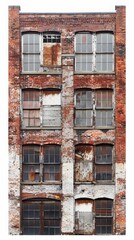 Old, weathered brick building with broken windows, showcasing urban decay and architectural neglect in a vertical frame.