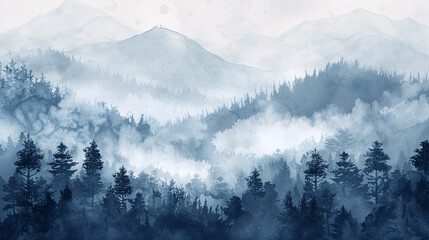 Obraz premium Misty forest landscape with mountains in watercolor style. Minimalist design