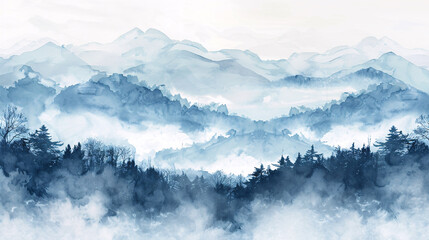 Misty forest landscape with mountains, watercolor style, minimalist design