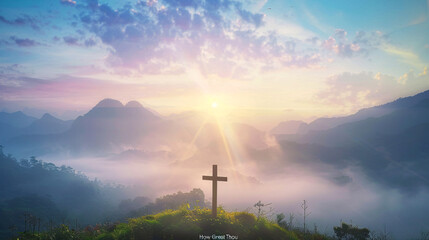 Majestic dawn scene with mountains, wooden cross, and divine beauty