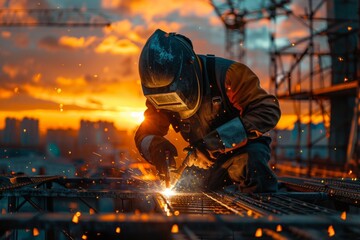 A welder in protective gear diligently works on a steel structure against a twilight sky.