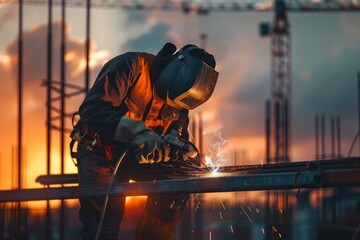 A welder in protective gear diligently works on a steel structure against a twilight sky.