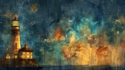Obraz premium Watercolor illustration of a lighthouse with a blue and white color scheme, copy space for text