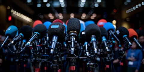 A podium set for a press briefing garnished with an assortment of broadcast microphones.