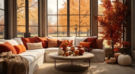 A cozy living room setup featuring a plush sofa and a coffee table adorned with pumpkins, candles, and autumn foliage