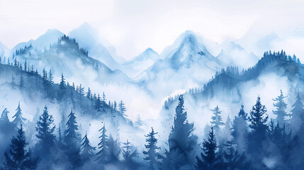 Obraz premium Misty mountain landscape with pine forests in serene watercolor