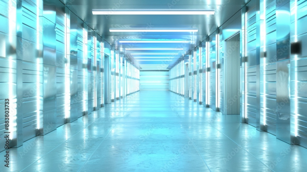 Aufkleber futuristic chrome hallway in a y3k building with ethereal prismatic glow, ideal for innovative conce