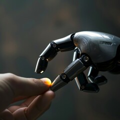 Abstract Wallpaper Featuring a Human Finger Gently Touching a Robotic Metal Finger Against a Blurred Cosmic Background, Symbolizing Harmony Between Humanity and AI Technology, AI-Generated 4K High-Def