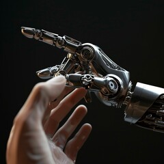 Naklejka premium Abstract Wallpaper Featuring a Human Finger Gently Touching a Robotic Metal Finger Against a Blurred Cosmic Background, Symbolizing Harmony Between Humanity and AI Technology, AI-Generated 4K High-Def