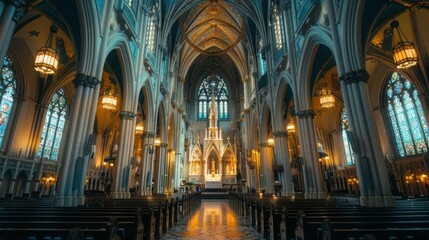 Obraz premium A majestic cathedral with soaring spires and intricate stained glass windows, embodying grace