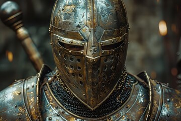 Medieval knight's armor with battle scars and scratches.