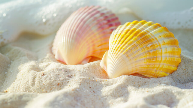 Close-up photography of two yellow and pink seashells on white sand, captured with a macro lens for a magazine advertisement style. High resolution, soft shadows, shallow depth of field, natural