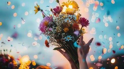 A person gracefully catching a bouquet at a celebration