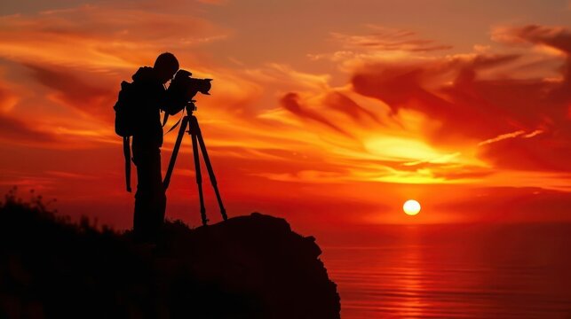 A photographer gracefully capturing a stunning sunset, their posture poised - Powered by Adobe