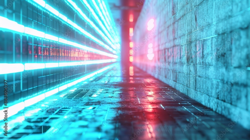 Aufkleber futuristic neon tech tunnel: vibrant digital patterns and holographic effects in high-tech theme bac
