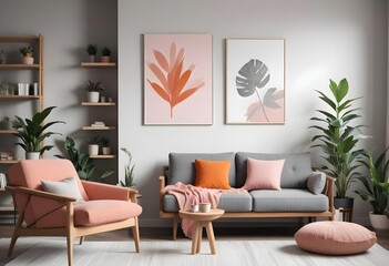 Mockup poster frames on the wall of the room. Modern Interior mockup. Apartment background. Modern Japandi interior design. 3D render
