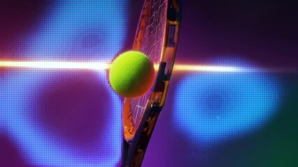 Tennis Racket and Ball Detail: A close-up of a tennis ball on racket strings, vividly clear. The gradient background transitions from purple to blue, enhancing the dynamic and vibrant feel of tennis