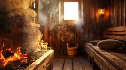 A sauna with steam rising and a fire roaring in the stove