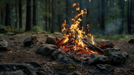 A vibrant campfire burns brightly in the midst of a serene forest, surrounded by rocks and trees, creating a warm, cozy atmosphere.