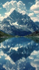 Breathtaking view of a mountain peak reflected in a pristine lake under a sky with dramatic clouds.