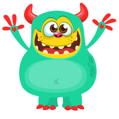 Cartoon cute monster with funny excited face expression waving hands . Vector illustration isolated on white. Halloween design
