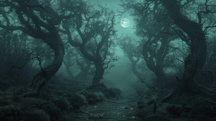 Fototapeta premium Eerie Forest Path Under a Full Moon.