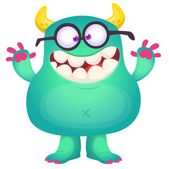 Cartoon cute monster with funny excited face expression waving hands . Vector illustration isolated on white. Halloween design
