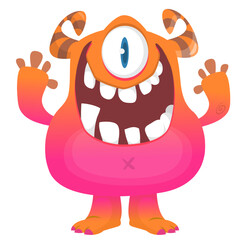 Cartoon cute monster with funny excited face expression waving hands . Vector illustration isolated on white. Halloween design