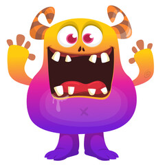 Cartoon cute monster with funny excited face expression waving hands . Vector illustration isolated on white. Halloween design