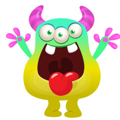 Cartoon cute monster with funny excited face expression waving hands . Vector illustration isolated on white. Halloween design