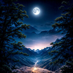 The light of the full moon in the night sky shows a very clear and surreal dream-like landscape.