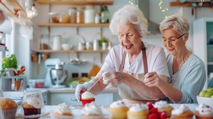 Elderly Woman Baking Cupcakes with Family in Modern Kitchen