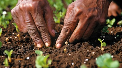 A close-up of hands planting seeds in rich soil
