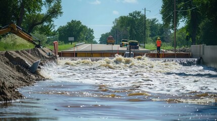 A flood control project with engineers at work